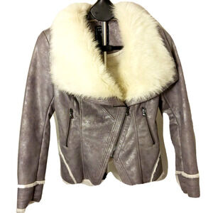 Guess Glam Moto Jacket Women's Sz M Metallic Gray Faux Fur Collar Cropped Fancy